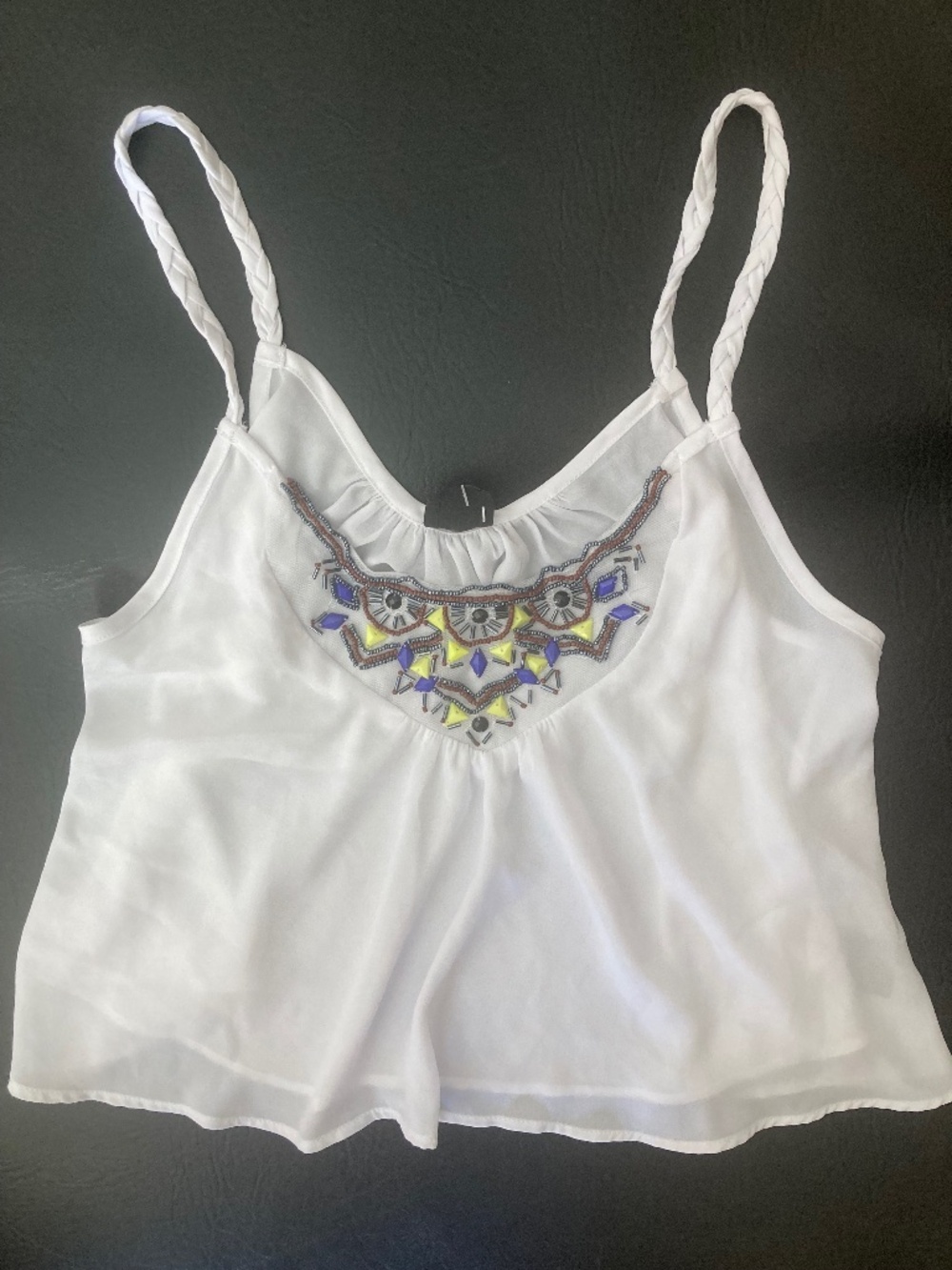 NWT bebe 2b white blue yellow beaded straps  tank cropped top m